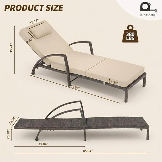 Outdoor Chaise Lounge Set of 2, 5-Position Adjustable PE Wicker Reclining Chairs with Wheels & 3.5" Cushions, 400 lbs Capacity All-Weather Patio Furniture for Poolside, Garden, Beach(Beige)