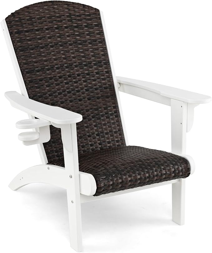 Tangkula Patio Wicker Adirondack Chair, HDPE Lounge Chair w/Rattan Padded Seat & Back, Wide Armrests & Hidden Cupholder, Outdoor All-Weather Adirondack Fire Pit Chair for Backyard, Lawn (1, White)