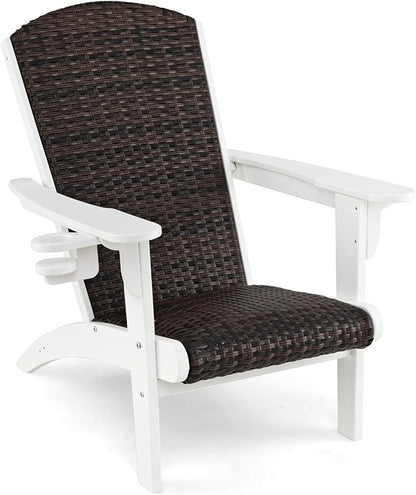 Tangkula Patio Wicker Adirondack Chair, HDPE Lounge Chair w/Rattan Padded Seat & Back, Wide Armrests & Hidden Cupholder, Outdoor All-Weather Adirondack Fire Pit Chair for Backyard, Lawn (1, White)