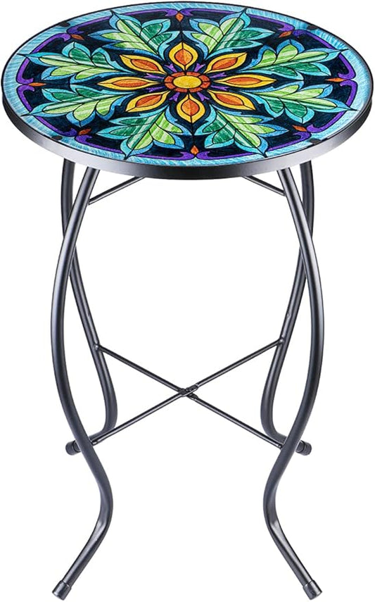 VCUTEKA Outdoor Side Table Mosaic End Table Patio Side Table Small End Table Glass Top Round Balcony Coffee Table Porch Indoor Glass Top