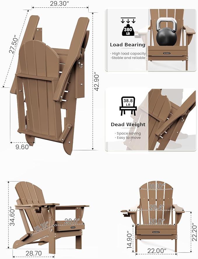 MUCHENGHY Folding Adirondack Chairs Set of 2, Patio Chairs, Lawn Chairs, Outdoor Chair, Adirondack Chair Plastic, Fire Pit Chairs, Weather Resistant with Cup Holder for Deck, Backyard, Garden(Teak)