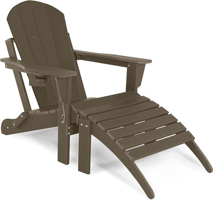 Oversized Adirondack Chair with Footrest, Folding Outdoor Chair with Ottoman and Cup Holder, Weather Resistant Fire Pit Chairs for Outside, Patio, Lawn, Garden, Backyard Deck, Porch, Pool