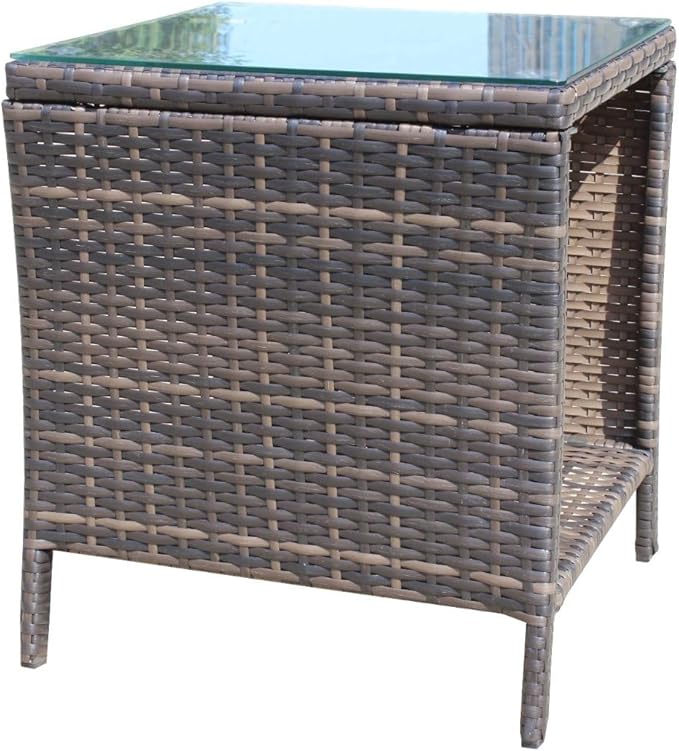 Rattan Side Table with Glass Top, Outdoor Wicker End Table for Patio, Porch, Garden, 19.25" Square, 21" Tall, 120 Lbs Capacity, Weather-Resistant PE Rattan, Easy Assembly