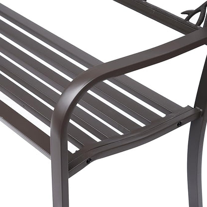 50" Cast Steel Metal Garden Bench, Floral Pattern for Yard, Lawn, Porch Porch, Brown