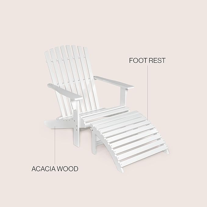 JONATHAN Y ADK1000D Saranac 2-Piece Traditional Rustic Acacia Wood Adirondack Chair with Detachable Ottoman Classic, Coastal, Cottage, Vintage, Farmhouse, White