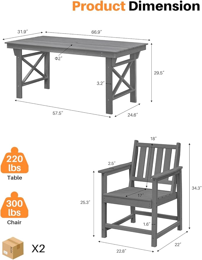 HDPE Patio Dining Set, 5-Piece Outdoor Table and Chairs with Umbrella Hole, Modern Outdoor Dining Set for 4 - Photo 3