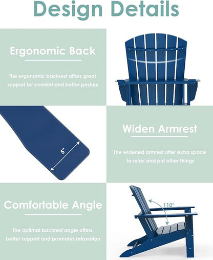 IVY&LANE Adirondack Chairs Set of 2 | HDPE Plastic | Outdoor Fire Pit Chairs | Oversized | All-Weather | Blue | for Outside Deck Backyard Patio Poolside Porch Lawn