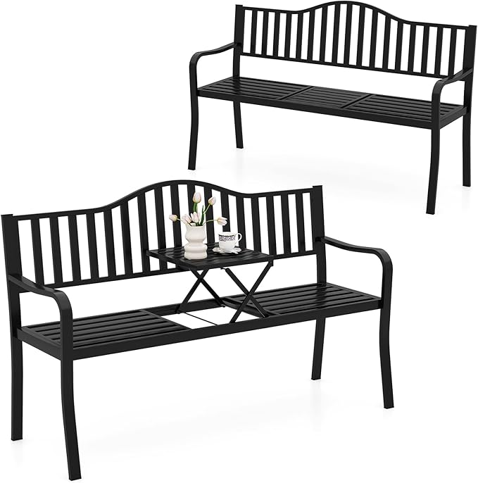 Tangkula 60” Metal Outdoor Garden Park Bench, Heavy-Duty Patio Loveseat Armchair with Pull-Out Center Table, 2-3 Person Park-Style Chair for Backyard, Garden, Balcony, 660 lbs Max Load