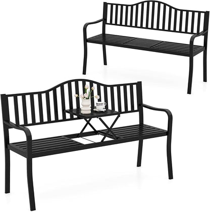 Tangkula 60” Metal Outdoor Garden Park Bench, Heavy-Duty Patio Loveseat Armchair with Pull-Out Center Table, 2-3 Person Park-Style Chair for Backyard, Garden, Balcony, 660 lbs Max Load