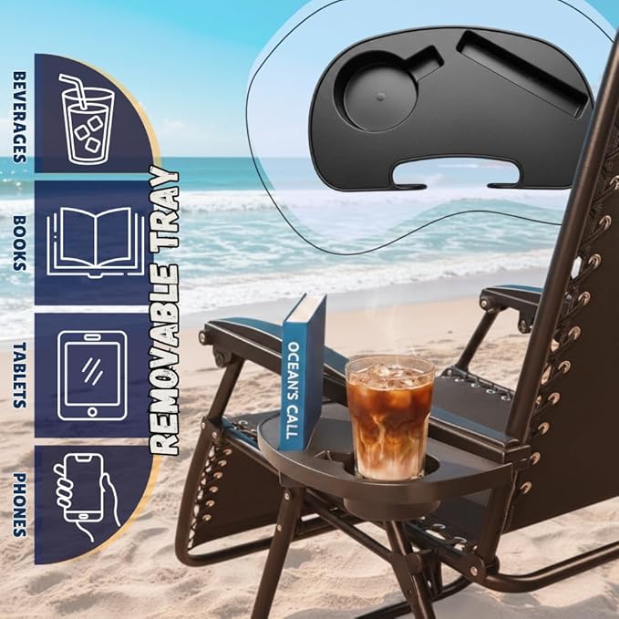 EZONE Zero Gravity Lounge Chairs Outdoor Adjustable Reclining Patio Chair Steel Mesh Folding Recliner for Pool Beach Camping Lounge Chair with Pillows and Cup Tray (2, Black)