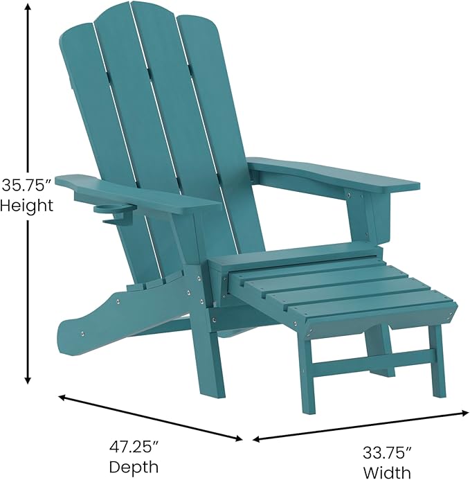 Flash Furniture Newport Adirondack Cup Holder and Pull Out Ottoman, All-Weather HDPE Indoor/Outdoor Lounge Chair, Set of 2, Blue