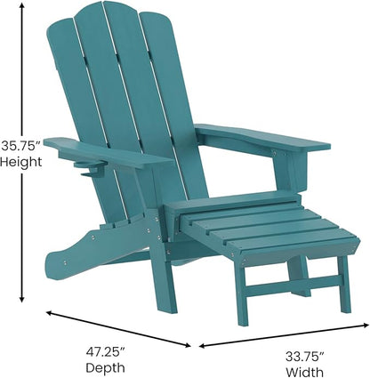 Flash Furniture Newport Adirondack Cup Holder and Pull Out Ottoman, All-Weather HDPE Indoor/Outdoor Lounge Chair, Set of 2, Blue