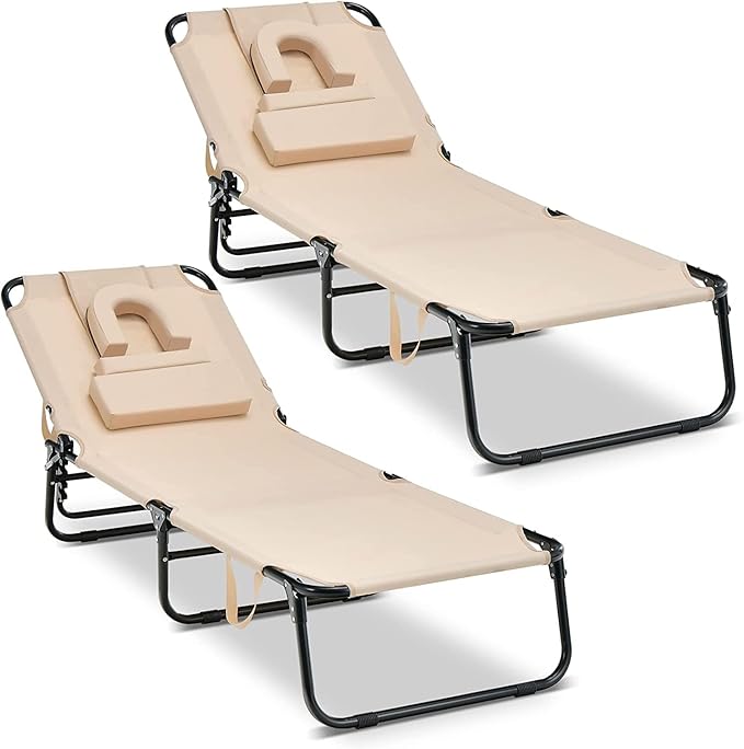 Goplus Tanning Chair, Folding Beach Lounge Chair with Face Hole, Removable Pillow, Carry Strap, Position Adjustable, Sunbathing Chair, Portable Outside Lounge Chair for Patio Pool
