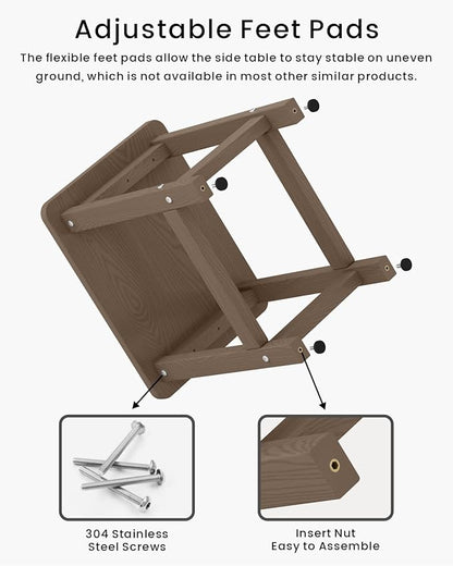 Weatherproof Outdoor Side Table, HDPE Small Outdoor Table for Adirondack, 16.6-Inch Patio Square End Tables for Garden, Backyard, Porch, Deck, Balcony, Poolside (Brown)
