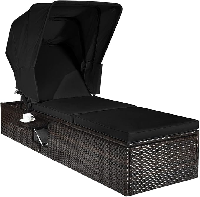Tangkula Outdoor Chaise Lounge Chair with Folding Canopy, Adjustable Cushioned Reclining Chair with Flip-up Tea Table, Rattan Sun Lounger for Beach Poolside Backyard Balcony Porch (1, Black)