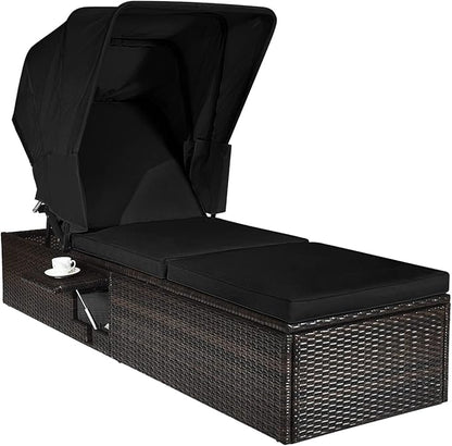 Tangkula Outdoor Chaise Lounge Chair with Folding Canopy, Adjustable Cushioned Reclining Chair with Flip-up Tea Table, Rattan Sun Lounger for Beach Poolside Backyard Balcony Porch (1, Black)