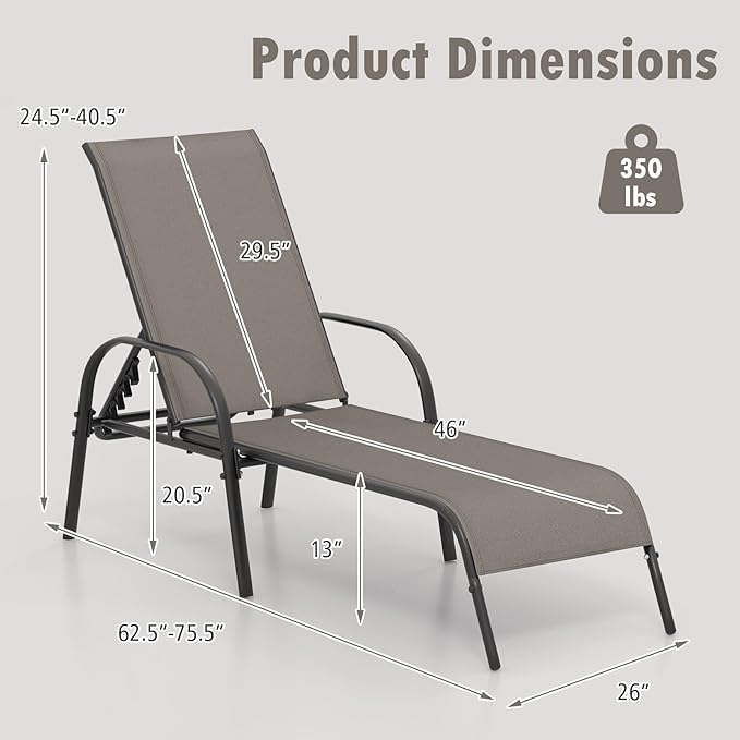 Nightcore Chaise Lounge Chair Outdoor, Pool Chair with 5 Adjustable Backrest, Patio Lounge Chairs with Breathable Fabric, Comfortable Armrest, Chaise Lounge for Patio, Pool, Bench (2, Brown)