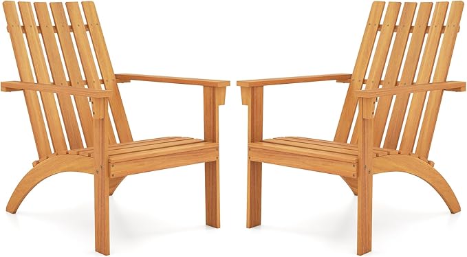Tangkula Outdoor Adirondack Chair, Solid Acacia Wood Fire Pit Chair with Inclined Backrest, Curved Seat & Wide Armrests, Wooden Lawn Chair for Porch, Patio, Garden, Backyard, Deck (2, Natural)