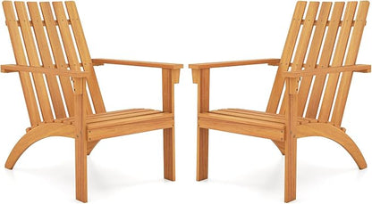 Tangkula Outdoor Adirondack Chair, Solid Acacia Wood Fire Pit Chair with Inclined Backrest, Curved Seat & Wide Armrests, Wooden Lawn Chair for Porch, Patio, Garden, Backyard, Deck (2, Natural)