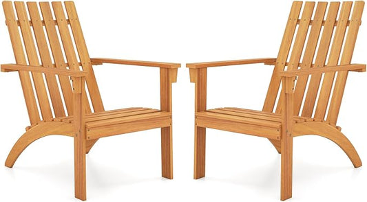 Tangkula Outdoor Adirondack Chair, Solid Acacia Wood Fire Pit Chair with Inclined Backrest, Curved Seat & Wide Armrests, Wooden Lawn Chair for Porch, Patio, Garden, Backyard, Deck (2, Natural)