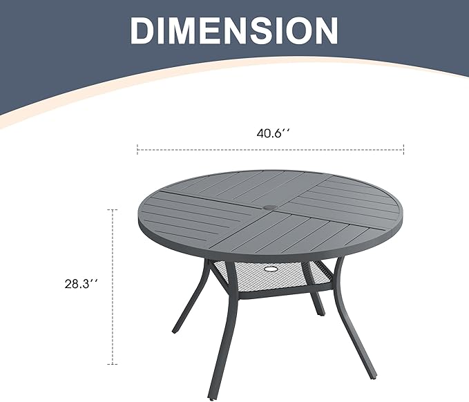 VICLLAX 40.6" Round Patio Dining Table for 4, All Weather Metal Outdoor Table with 1.57" Umbrella Hole and Storage Shelf for Garden Lawn Deck, Dark Grey