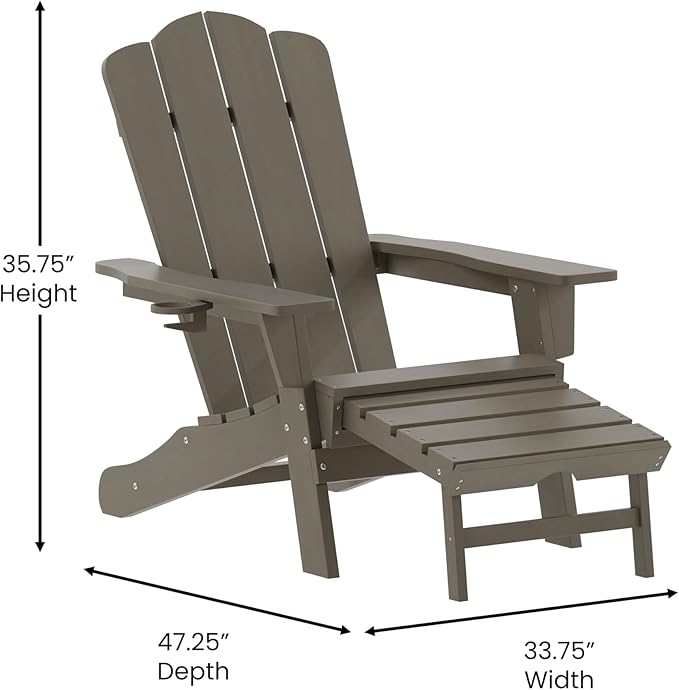 Flash Furniture Newport Poly Resin Adirondack Chair with Cup Holder and Pull Out Ottoman, All-Weather Poly Resin Indoor/Outdoor Lounge Chair, Brown