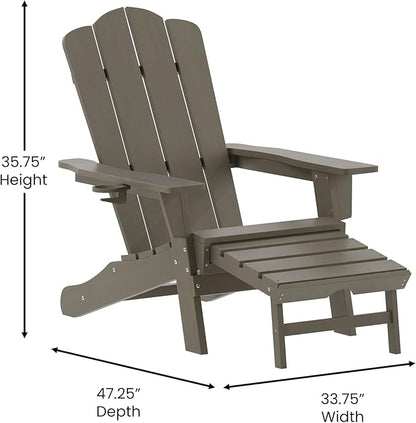 Flash Furniture Newport Poly Resin Adirondack Chair with Cup Holder and Pull Out Ottoman, All-Weather Poly Resin Indoor/Outdoor Lounge Chair, Brown