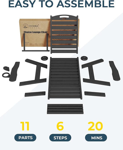 Outdoor Lounge Chair Set of 4, All Weather Patio Chaise Lounge Chair for Outside, HDPE Chair with Rolling Wheels & Cup Holder, 5 Position, Deck, Pool, Black