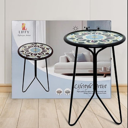 LIFFY Outdoor Side Table,12" Indoor Small Round Glass Tabletop Accent Table with Metal Frame, Home Decorative Plant Stand & End Table Outside for Patio, Garden, Yard, Kitchen, Porch