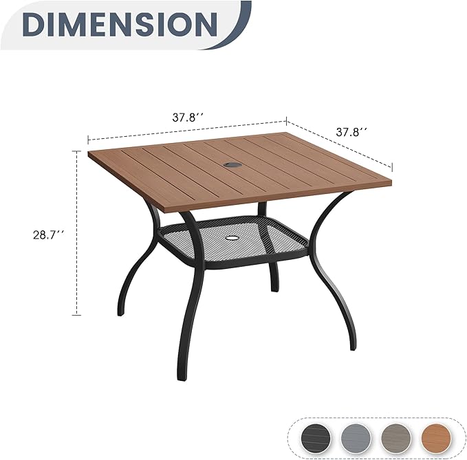 VICLLAX Outdoor Patio Dining Table for 4, Square Metal Table with Umbrella Hole and Storage Shelf for Garden, Lawn - Photo 3