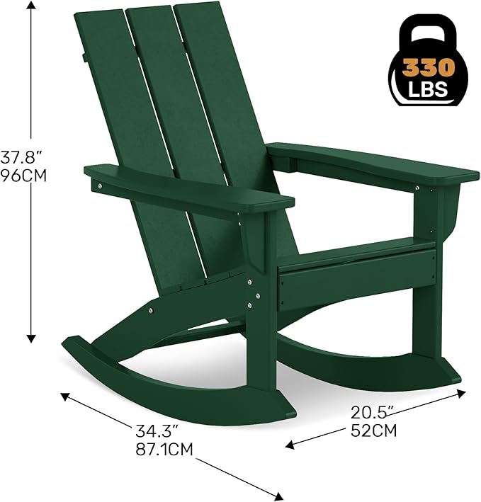 Costaelm Outdoor Adirondack Chair, All Weather Resistant Lawn Chairs Balcony Chair and Fire Pit Chairs, Patio Chair Outdoor Porch Rocking Chair High Back HDPE Poly Lumber, Dark Green