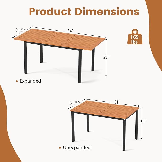 Tangkula 64 Inches Extendable Patio Dining Table for 4-8 People - Photo 3