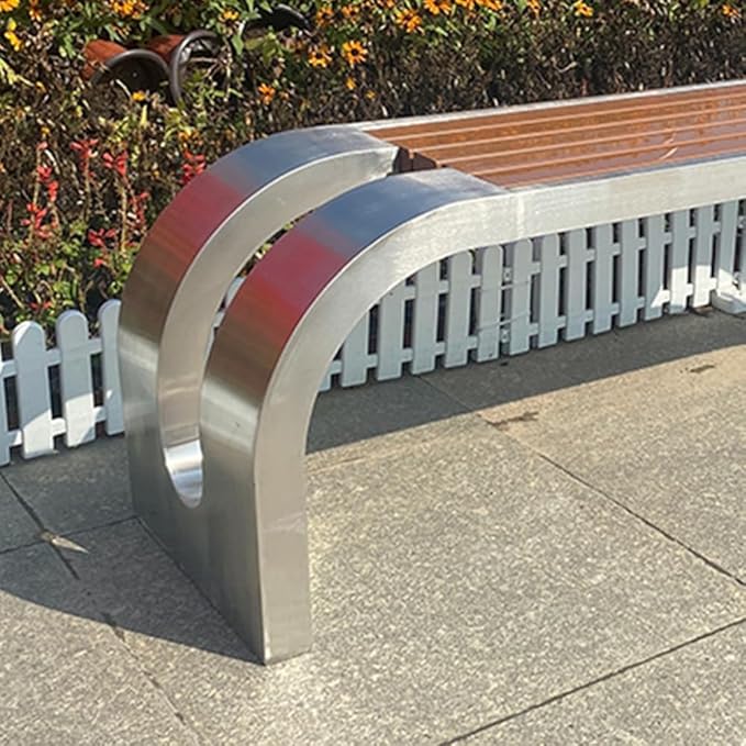 LITFAD Outdoor Indoor Bench Stainless Steel Metal Park Bench with Waterproof Brown Wood Seating Modern Garden Bench for Patio, Lawn, Yard, Porch - Type A 47" L x 16" W x 18" H