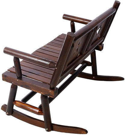 Outdoor Wooden Rocking Bench for 2, Heavy Duty Patio Rocker Loveseat 700 LBS Capacity, Solid Wood Double Rocking Chair for Porch, Garden, Balcony, Rustic Brown