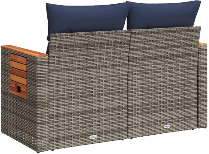 2-Seater Patio Sofa with Foldable Side Table, Outdoor Loveseat Garden Bench with Acacia Wood Accents, Gray PE Rattan Furniture with Navy Blue Cushions