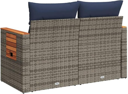 2-Seater Patio Sofa with Foldable Side Table, Outdoor Loveseat Garden Bench with Acacia Wood Accents, Gray PE Rattan Furniture with Navy Blue Cushions