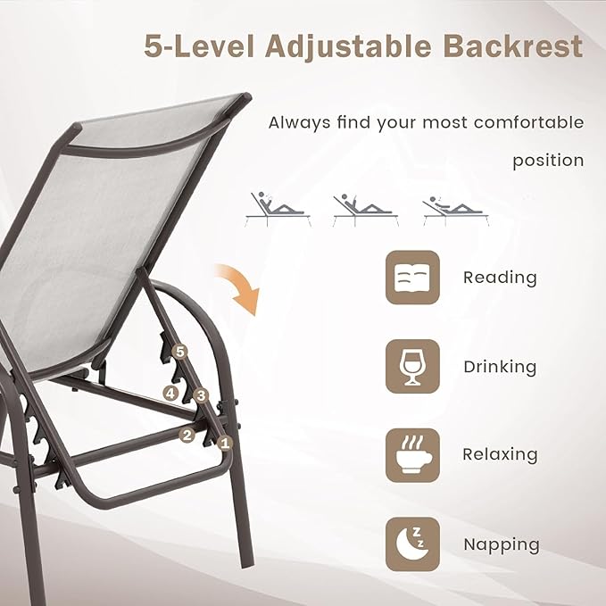 Giantex Set of 2 Patio Lounge Chair, Outdoor Chaise Lounge with 5 Adjustable Backrest, Sturdy Steel Frame - Photo 9