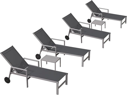 PURPLE LEAF Patio Chaise Lounge Set for 4 Outdoor Pool Lounge Chairs with Armrest and Adjustable Backrest Aluminum Reclining Sunbathing Tanning Chair for Outside Poolside Yard Balcony, Grey