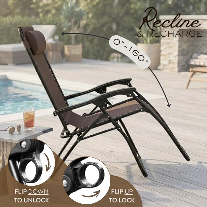 2-Pack Adjustable Zero Gravity Lounge Chair with Steel Mesh Fabric: Reclining Lawn Chair Featuring Comfort Pillow - Photo 4