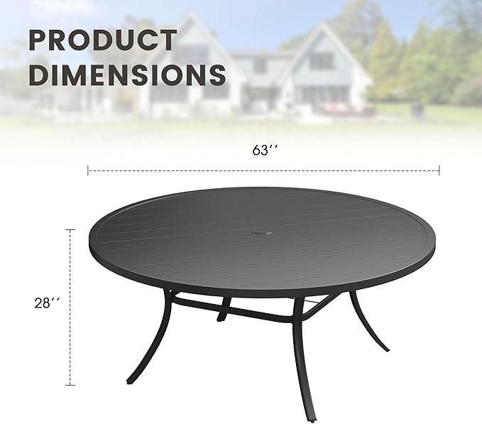 Outdoor Dining Table for 8, 63" Round Outdoor Table with Adjustable Umbrella Hole, All-Weather Metal Patio Dining Table for Lawn Garden Backyard Deck, Black