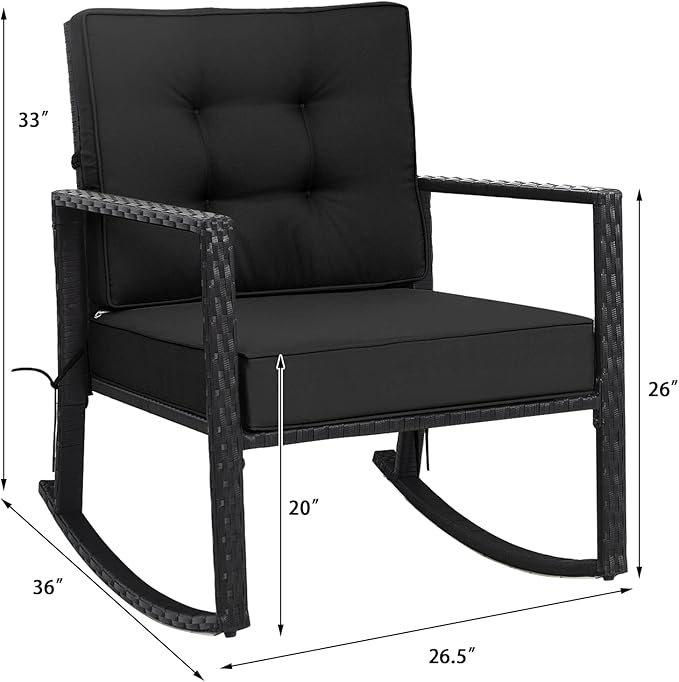 Tangkula Wicker Rocking Chair, Outdoor Glider Rattan Rocker Chair with Heavy-Duty Steel Frame, Patio Wicker Furniture Seat with 5” Thick Cushion for Garden, Porch, Backyard, Poolside (1, Black)