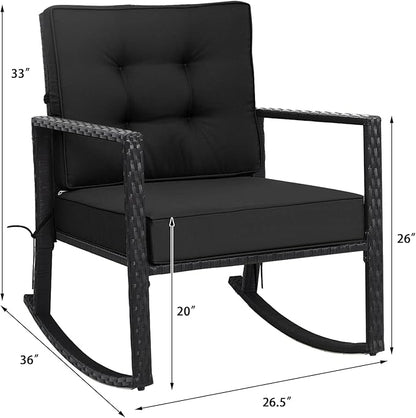 Tangkula Wicker Rocking Chair, Outdoor Glider Rattan Rocker Chair with Heavy-Duty Steel Frame, Patio Wicker Furniture Seat with 5” Thick Cushion for Garden, Porch, Backyard, Poolside (1, Black)