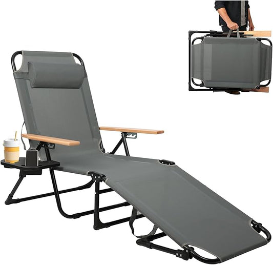 Foldable Chaise Lounge Chair Outdoor, 4-Position Reclining Outdoor Lounge Chairs with Wooden Armrest, Folding Sun Lounger with Removable Pillow for Garden Beach Patio Camp (Gray)