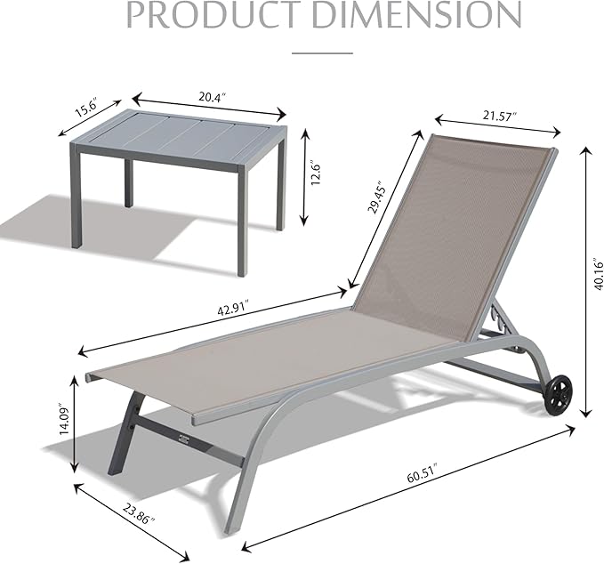Domi Pool Lounge Chairs Set of 3, Adjustable Aluminum Outdoor Chaise Lounge with Wheels Patio Lounge Chairs with Side Table, All Weather for Deck Lawn Poolside Backyard-Khaki Textilene