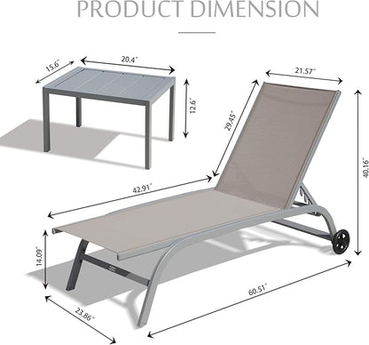 Domi Pool Lounge Chairs Set of 3, Adjustable Aluminum Outdoor Chaise Lounge with Wheels Patio Lounge Chairs with Side Table, All Weather for Deck Lawn Poolside Backyard-Khaki Textilene