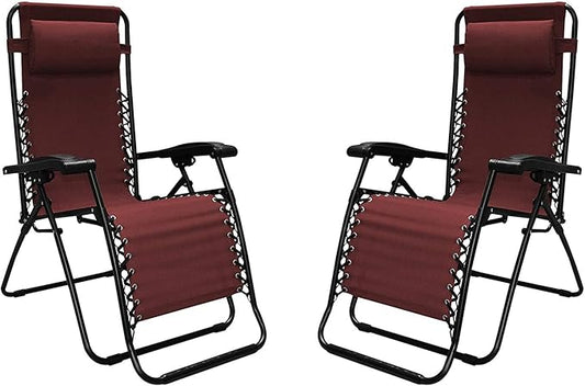 Caravan Sports Zero Gravity Recliner Lounge Chair for Indoor and Outdoor Use with Smooth Recline Function, Dual Finger Tip Locking System, and Pillow for Lumbar and Head Support, Burgundy (Pair)