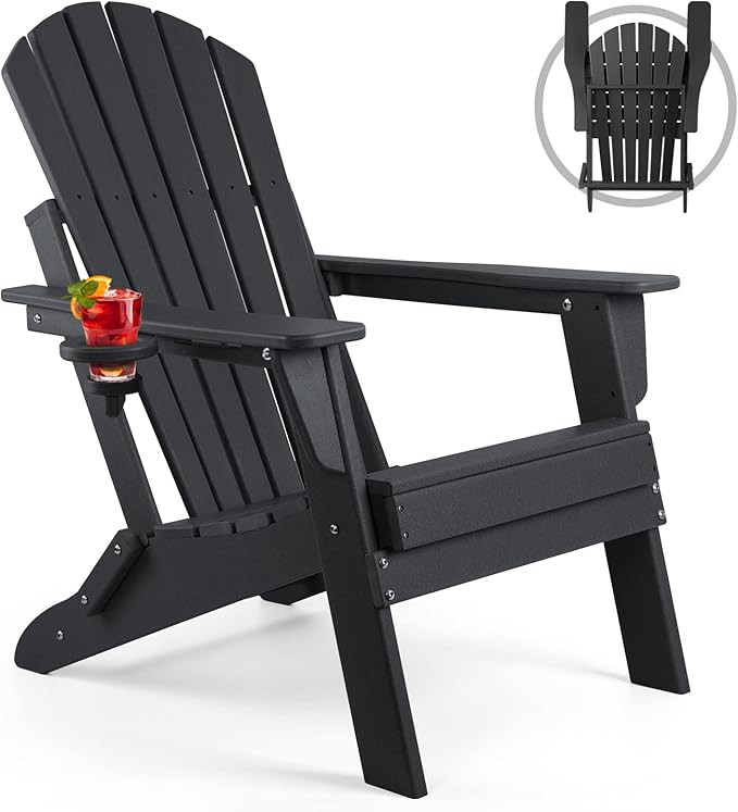 FUNBERRY Folding Adirondack Chair, HDPE All Weather Fire Pit Chairs with Cup Holder for Outdoor