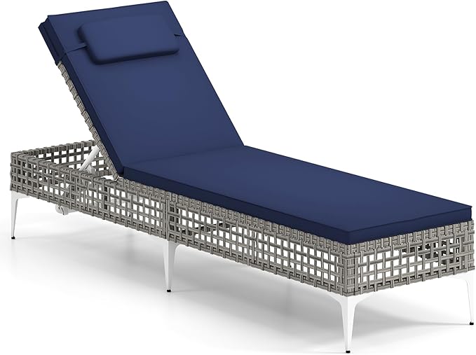 Tangkula Patio Chaise Lounge Chair, PE Wicker Reclining Sun Lounger with 6-Level Adjustable Backrest, Removable Cushion & Headrest, Outdoor Lounge Chair for Poolside, Deck, Backyard (1, Navy)