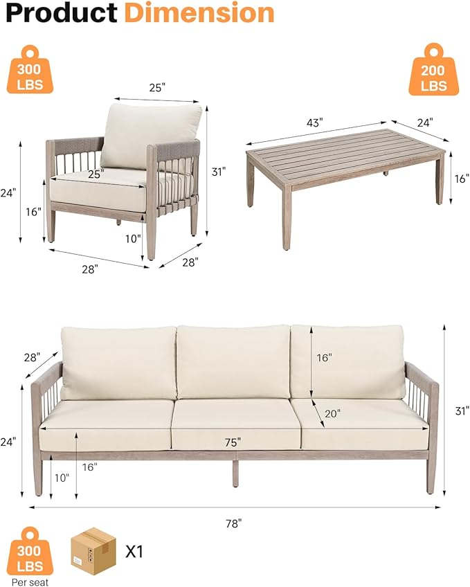 4-Piece Patio Furniture Set, Never-Rust Aluminum Patio Conversation Set, Outdoor Sofa Set with Faux Wood Grain Finish - Photo 2