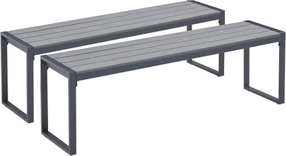 VICLLAX Garden Bench, 2 Pieces Outdoor Patio Wooden Bench with Weather-Resistant Steel Metal Frame, Patio Seating for Front Porch Backyard Park Outside, Dark Grey
